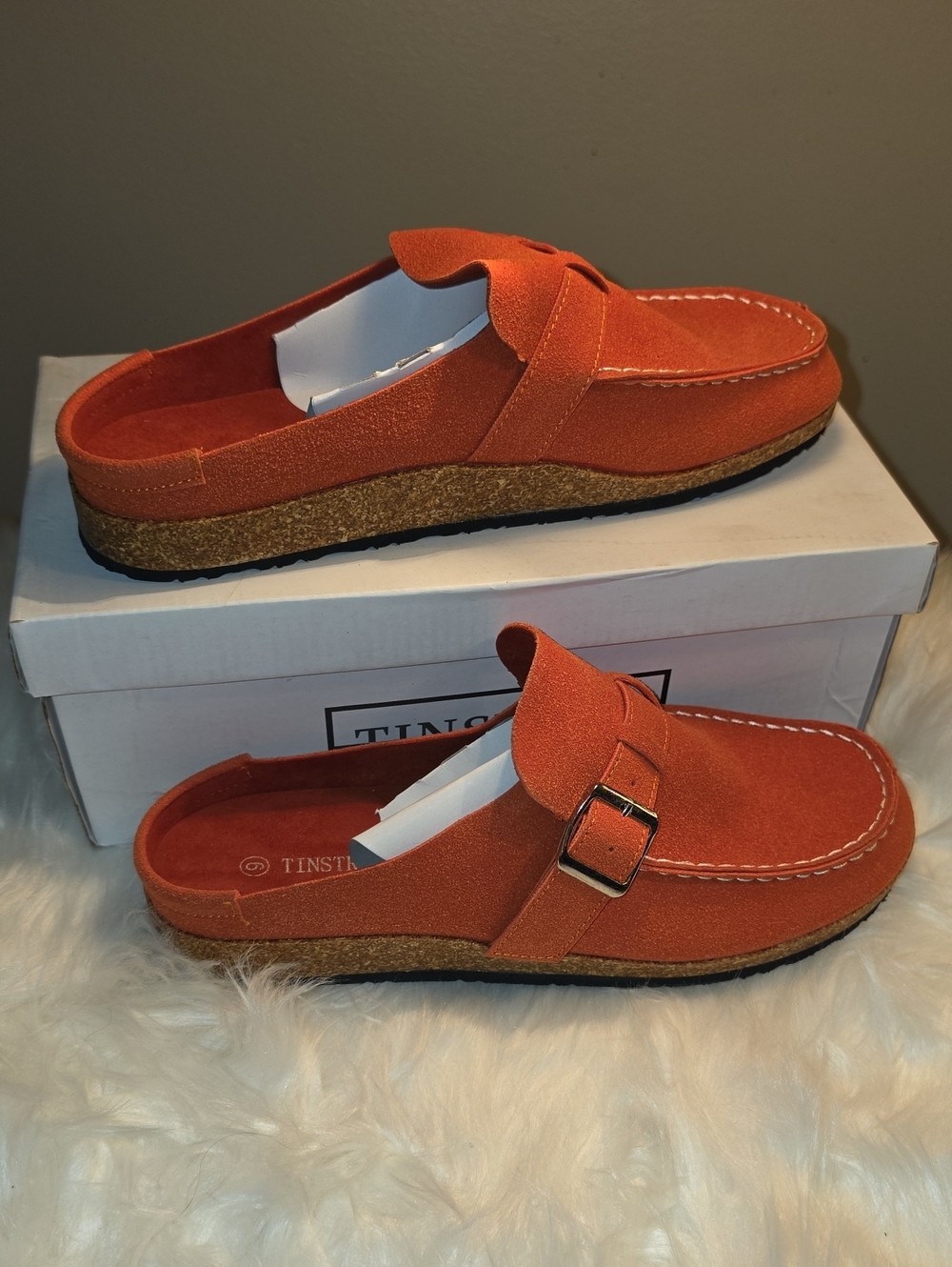 NWOT, W/ BOX Orange Suede Mule Loafers with Buckle